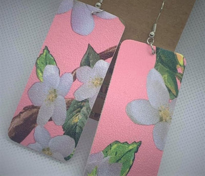 Pink floral rectangle  Faux leather Earrings
