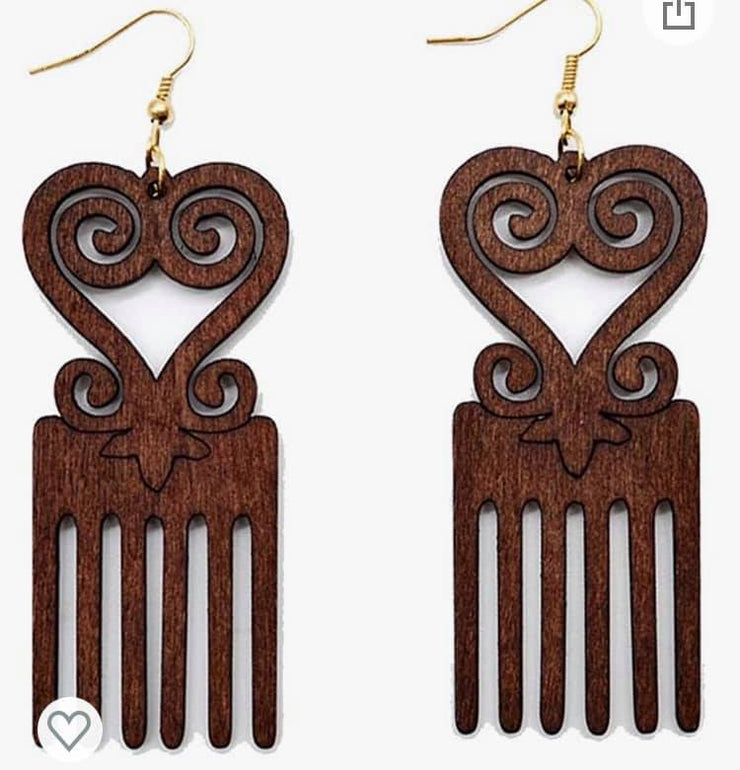 CHUNKY WOODEN AFRO PICK EARRINGS WITH ADINKRA SYMBOL