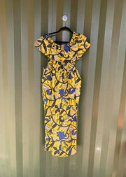 African Print Dress YELLOW FLOWER BLUE Ezichi